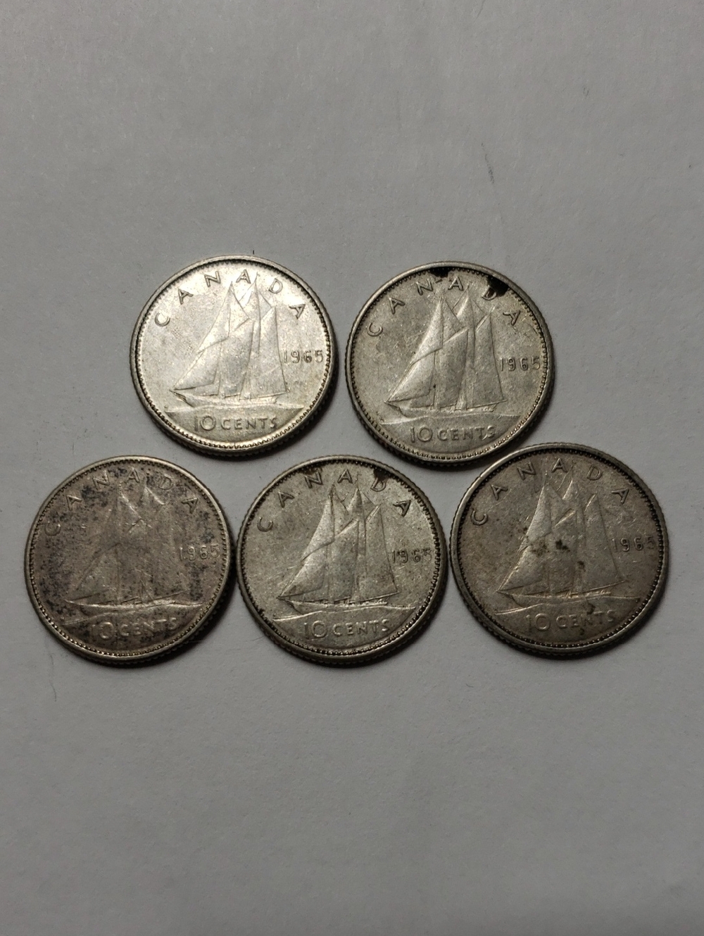 5 1965 Canadian 10 Cent Coins (Dime)